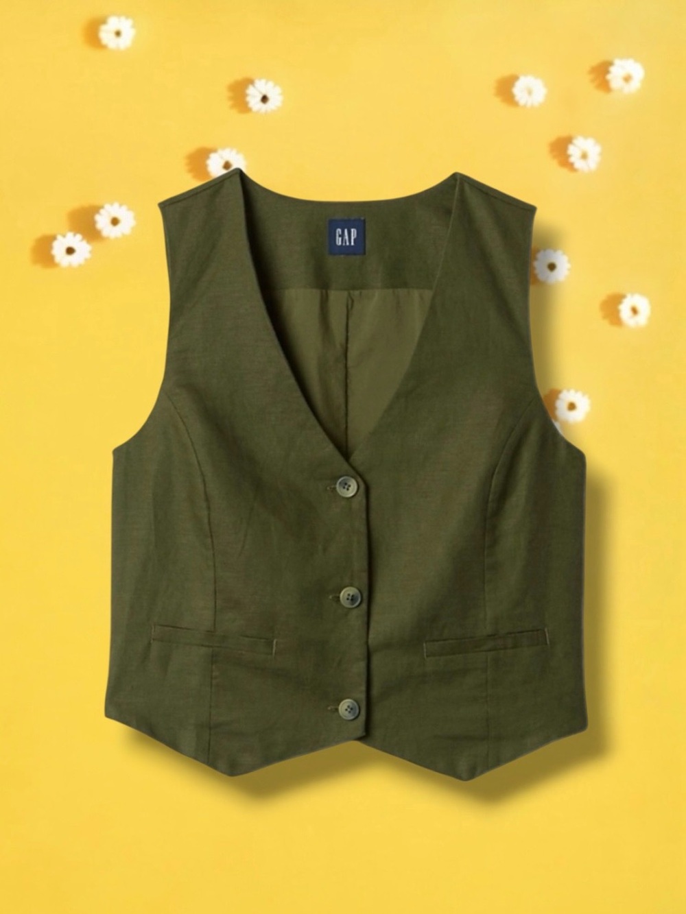 🆕💞GAP Linen-Cotton Sleeveless Button Down V-Neck Vest • ARMY GREEN • XS • NWT